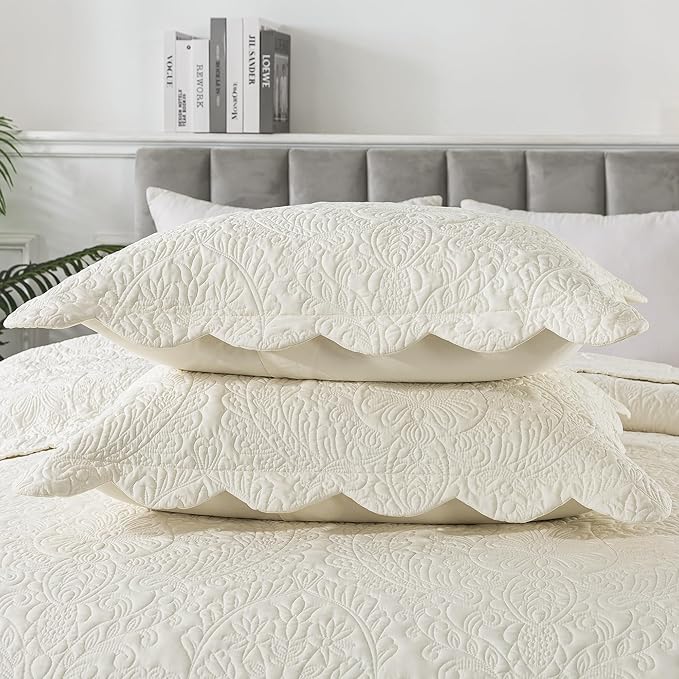 HoneiLife Oversized Queen Bedspreads 110x106- Queen Size Quilt Bedding Sets 3-Piece, Reversible Coverlets Lightweight Bedlinen Set for All Season Use-Beige
