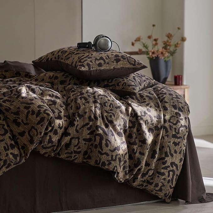 LifeTB Leopard Print Duvet Cover Full Yarn-Dyed Jacquard Cotton Duvet Cover Brown Leopard Pattern Comforter Cover Farmhouse Bedding Set Animal Cheetah Printed Comforter Cover with 2 Pillowcases