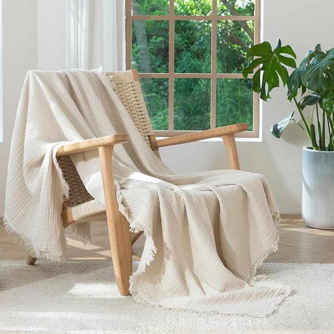MooMee Muslin Blanket - 100% Cotton 4-Layer Gauze Throw Blanket with All-Around Fringe, Ultra-Soft Breathable Lightweight Cooling Decorative for Bed, Sofa & Couch (Beige,Throw 60" x 50")