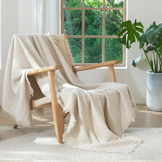 MooMee Muslin Blanket - 100% Cotton 4-Layer Gauze Throw Blanket with All-Around Fringe, Ultra-Soft Breathable Lightweight Cooling Decorative for Bed, Sofa & Couch (Beige,Throw XL 50" x 70")
