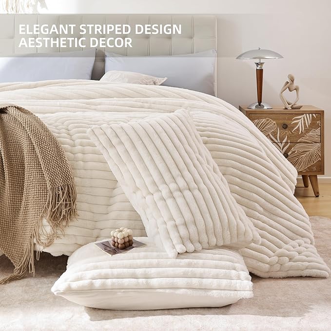 Smoofy Fluffy Twin Comforter Sets 2 Pieces - Cream White Fleece Fluffy Comforter Set, Luxury Fuzzy Twin Bedding Set, Soft Warm Comforter All Season, Heavy Faux Fur Comforter with Pillow Cases