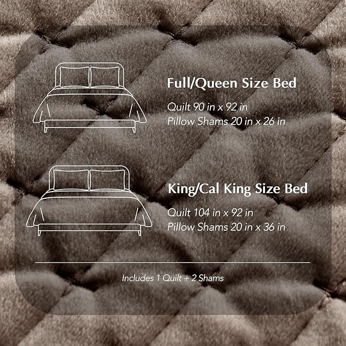 EVERGRACE Luxury Velvet Quilt Set King Size 3 Piece, Soft Cross-Stitch Velvet Comforter Set with Pillow Shams, Lightweight Coverlet Bedspread Bedding Set for All Seasons, Mushroom Brown