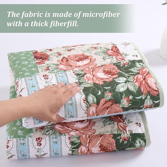 Anibedding Green Patchwork Quilt Set King Size, Bohemian Red Flower Green Plaid Bedspread Coverlet Set with Pillowcases, Soft Microfiber Summer Quilt Floral Bed Cover for All Season (110''x90'')