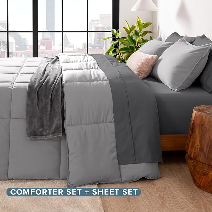 Bare Home Bed-in-A-Bag 5 Piece Comforter & Sheet Set - Twin XL - Goose Down Alternative - Ultra-Soft 1800 Premium Bed Set (Twin XL, Light Grey/Grey)
