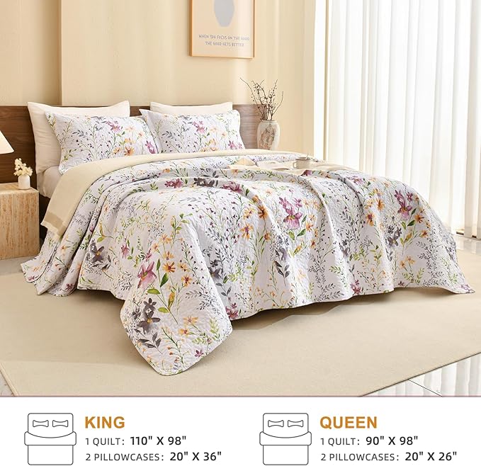 QSH 100% Cotton Quilt King Size Bedding Set (110"x98") 3Pcs Floral Quilt Set Yellow Wild Flower Botanical Printed Bedspread Coverlet King Soft Lightweight Bed Set with Pillowshams
