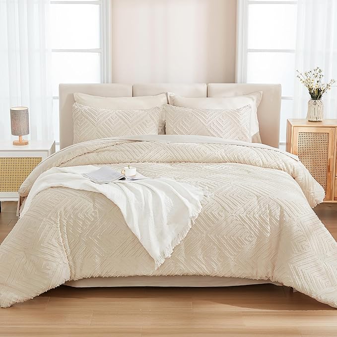 Andency Oversized King Size Comforter Set with Sheets Beige - 7 Pieces Bed in a Bag Oversized King Boho Tufted Lightweight Bedding Sets with Comforter, Sheets, Pillowcases & Shams