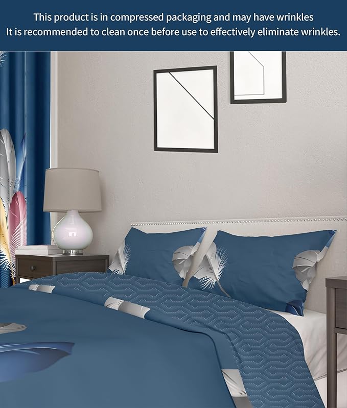 Comforter Sets with Matching Curtains, 1 Bedspread 2 Pillowcases 2 Print 4 Solid Curtains, Blue Feather Microfiber Queen Comforter Set, Soft for Guest Suite