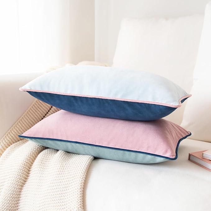 MONDAY MOOSE Decorative Throw Pillow Covers Cushion Cases, Set of 2 Soft Velvet Modern Double-Sided Designs, Mix and Match for Home Decor, Pillow Inserts Not Included (12x20 inch, Pink/Blue)