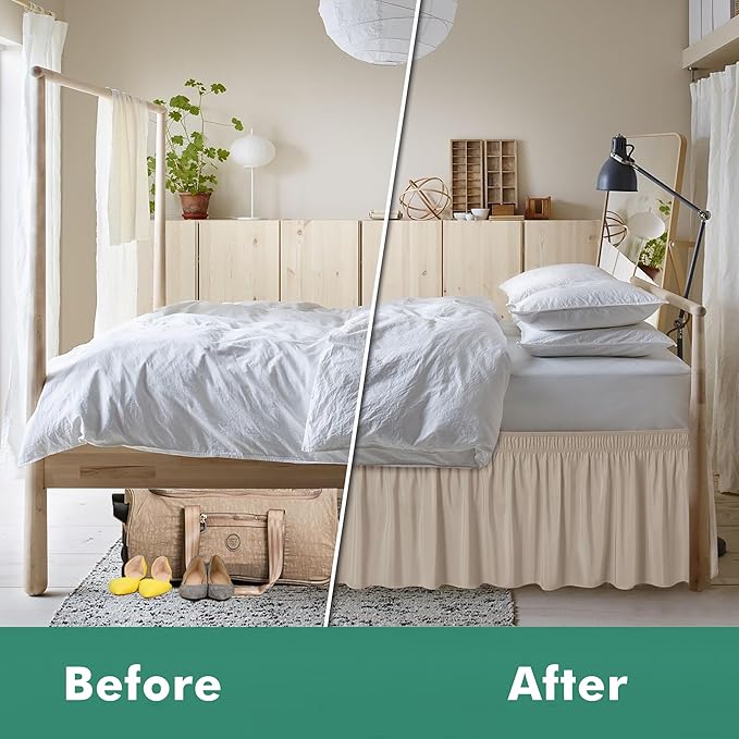 Biscaynebay Wrap Around Bed Skirts with Split Corners for Full Beds 17" Drop, Light Camel Elastic Dust Ruffles Easy Fit Wrinkle & Fade Resistant Silky Luxurious Fabric Solid Machine Washable