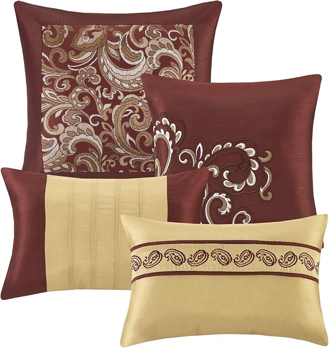 Madison Park Essentials Brystol 24 Piece Room in a Bag Faux Silk Comforter Jacquard Paisley Design Matching Curtains Down Alternative Hypoallergenic All Season Bedding-Set, Queen (90 in x 90 in), Red