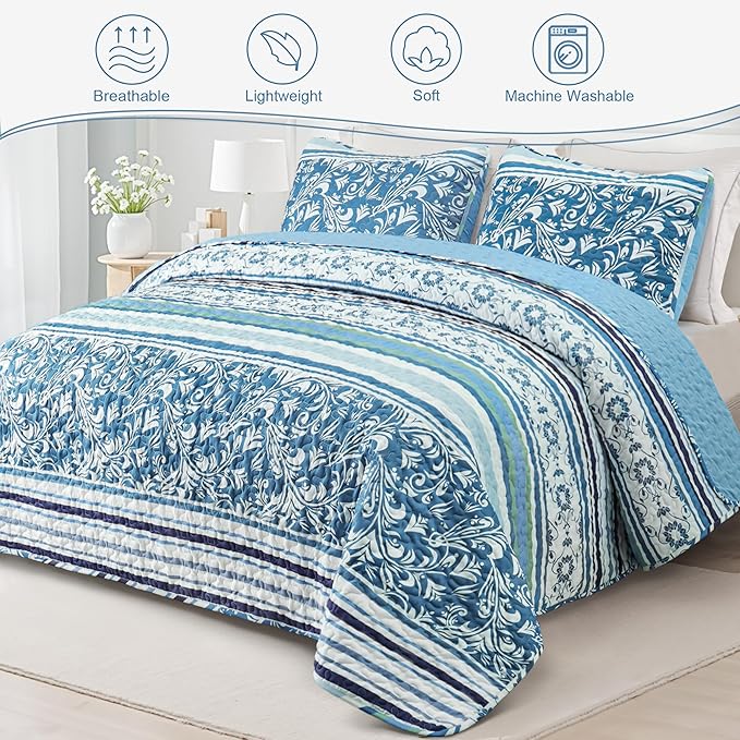 Exclusivo Mezcla Reversible Boho Quilts Queen Size, Blue Bedspreads Lightweight Coverlet All Season Bohemian Quilt Bedding Set with Printed Striped Floral Pattern (1 Quilt, 2 Pillow Shams)