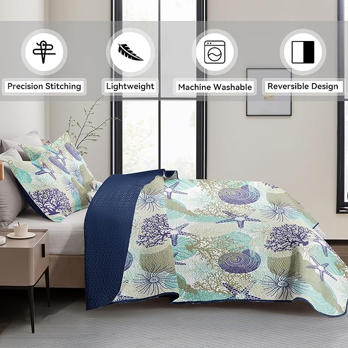 Tritard 3 Piece Coastal Quilt Sets King Size - Reversible Microfiber Quilts with 2 Shams Soft Lightweight Beach Bedding Nautical Bedspread Coverlet Summer Comforter Set for All Season, 106''x96'', C6