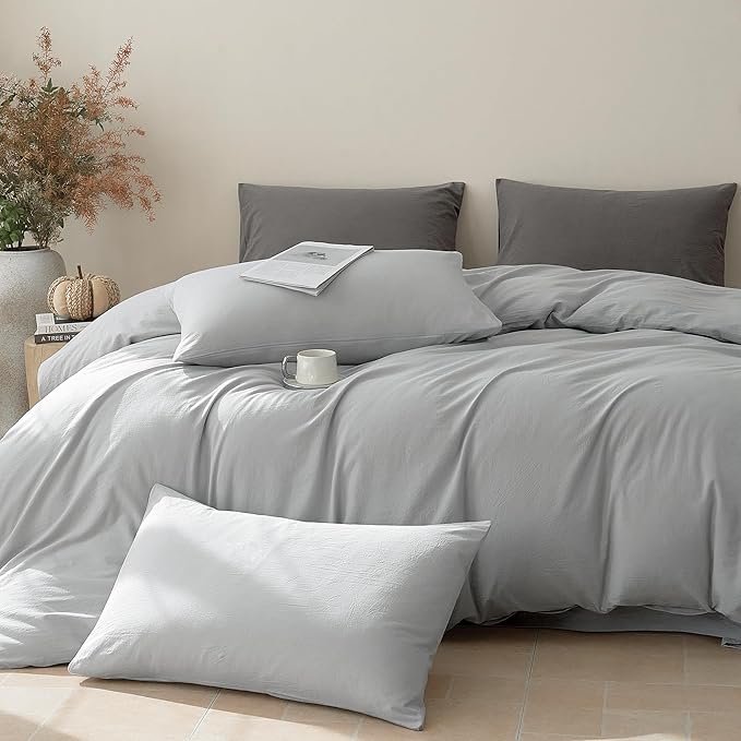 JELLYMONI Duvet Cover Queen Size - Washed Cotton Comforter Cover with Linen-Like Texture,Breathable & Soft Bedding for Modern Home,Guest Room and Everyday Use,Pale Grey 1 Duvet Cover & 2 Pillowcases
