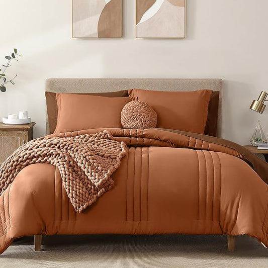 Monbix Queen Comforter Set - 7 Pieces Burnt Orange Bed in a Bag Queen Bedding Sets with Comforters, All Seasons Comforter Bed Set with Sheets, Pillowcases & Shams