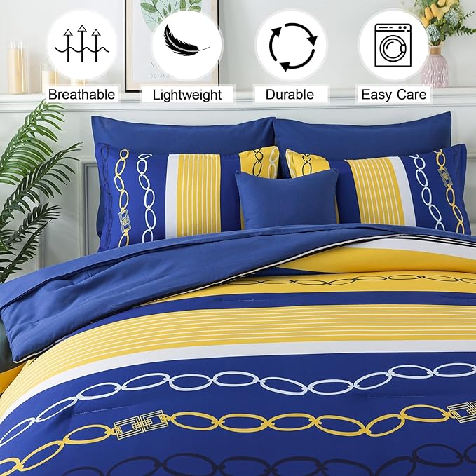 8 Pieces Bed in a Bag Stripe Comforter Set King Size,Patchwork Striped Comforter with Sheets Set Soft Microfiber Boho Bedding Sets (Blue Yellow)