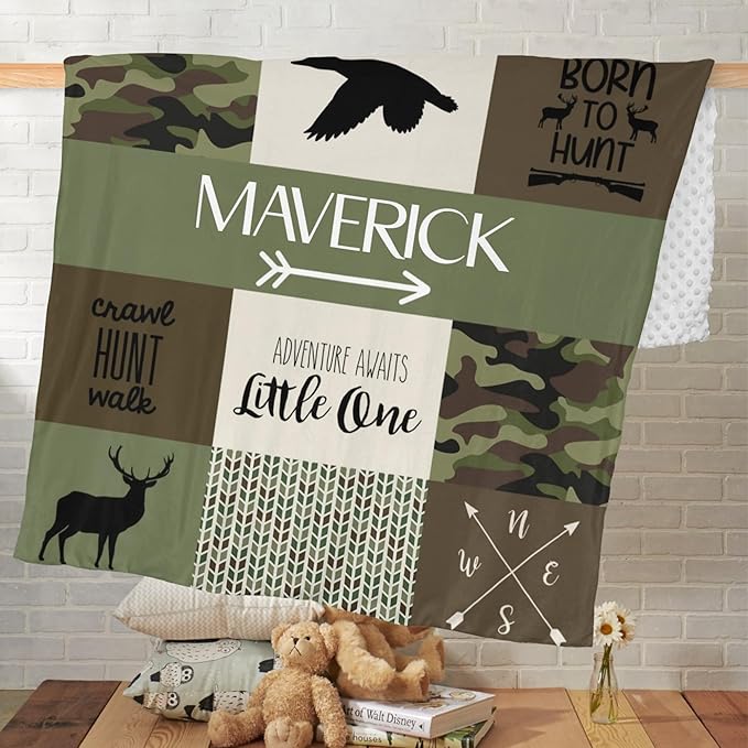 Personalized Baby Blankets for Boys, Baby Blanket for Boys with Name, Soft Plush Receiving for Newborns - Essential Baby Items, Camo Woodland Bear 35x45 Inches