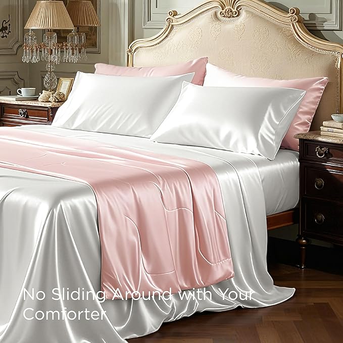 Bedsure White Satin Sheets Queen Size - 4 Piece Silky Bedsheets with 15 Inches Deep Pocket Fitted Bedsheet,1 Flat Sheet, 2 Satin Pillowcases, Good for Hair & Skin (Queen, White)