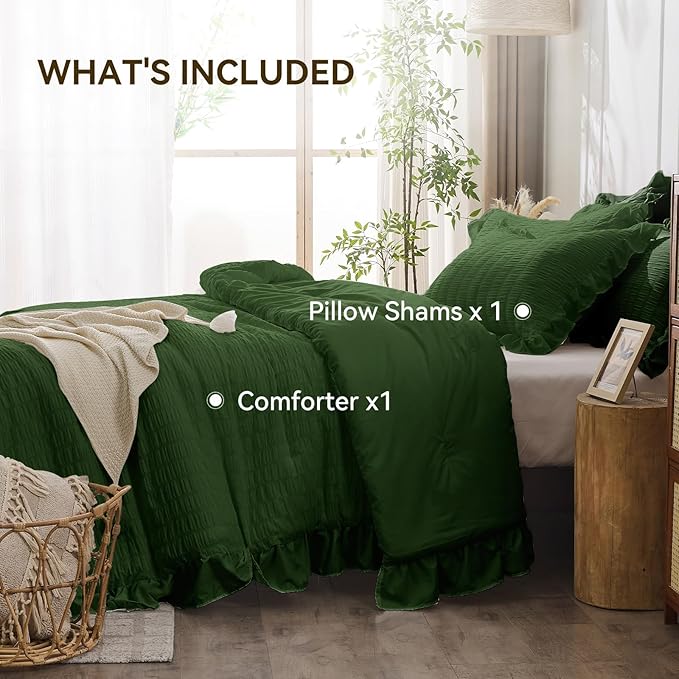 JOLLYVOGUE Dark Green Twin Size Comforter Set, 2 Pieces Seersucker Lightweight Fluffy Bedding Set, Twin Ruffle Comforter, All Season Soft Microfiber Shabby Chic Bed Set