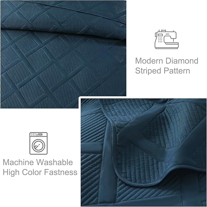Exclusivo Mezcla Twin Size Quilt Set - Navy Blue Quilts Bedding Set with 2 Pillow Shams, Modern Bedspread with Striped Pattern, Soft Lightweight Bedspreads Coverlets for All Seasons