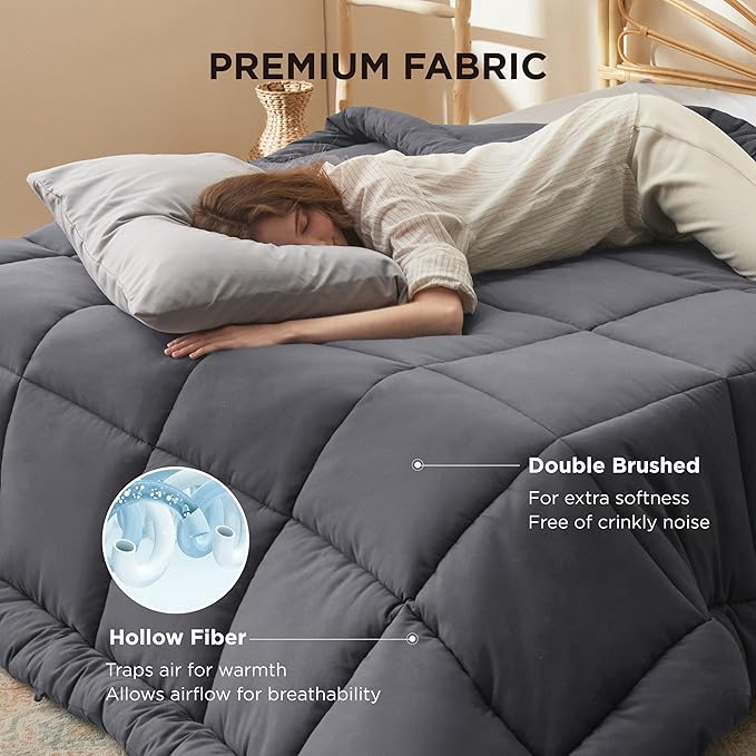 Bedsure Comforter Duvet Insert - Quilted Comforters Queen Size, All Season Duvet, GentleSoft Down Alternative Bedding, with 8 Tabs, Gifts for Women/Men, Grey, Queen 88 x 88 Inches