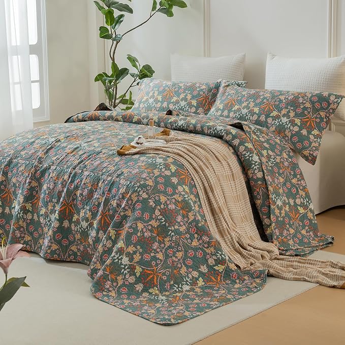 QSH 100% Cotton Oversized King Bedspread Set(128"x120")-3Pcs Floral Quilt Coverlet California King Size Luxury Paisley Flower Botanical Printed Bedspread Bedding Set Lightweight Soft for All Season