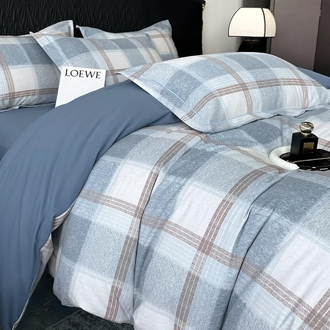 LifeTB Blue White Plaid Duvet Cover King Modern Soft Cotton Brushed Duvet Cover Geometric Plaid Comforter Cover Farmhouse Buffalo Grid Duvet Cover with 2 Pillowcases for Men Women