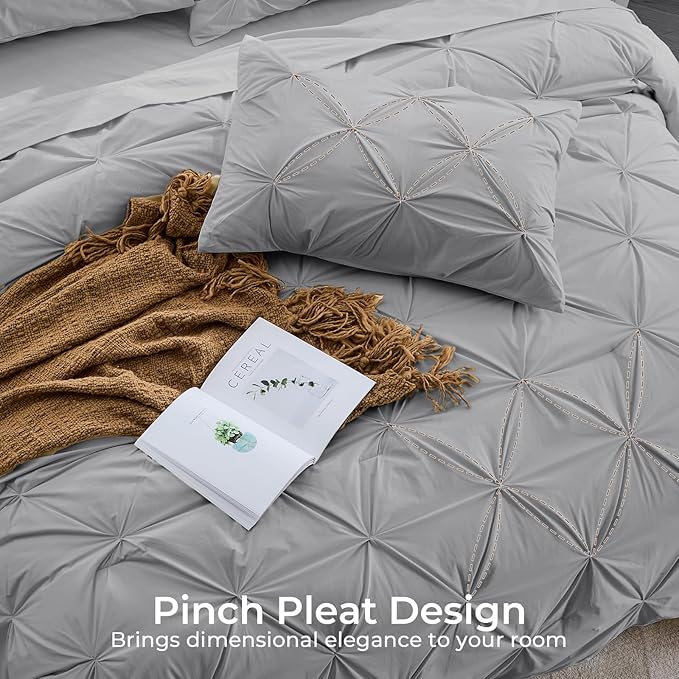 Sasttie Twin Comforter Set, 5-Piece Bed in a Bag, Pintuck Bedding Sets for All Season, Includes Comforter, Flat Sheet, Fitted Sheet, Pillowcase and Pillowsham, Light Grey