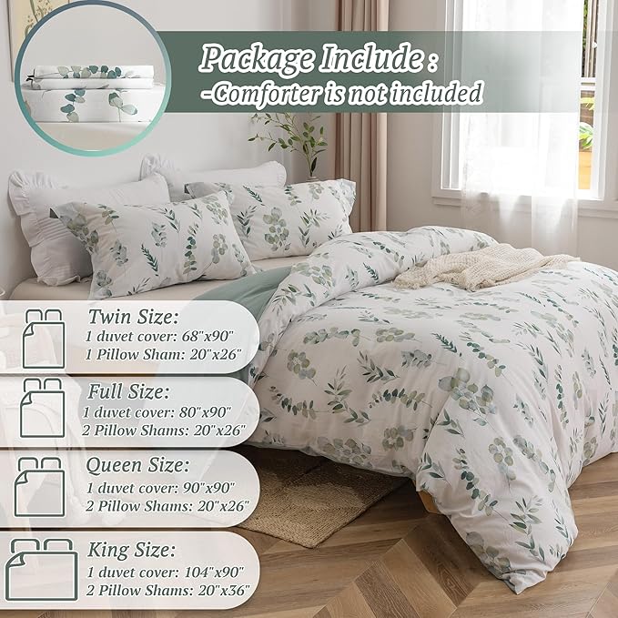 MILDLY King Duvet Cover Sage Green - 100% Washed Cotton Eucalyptus Printed Linen Feel Comforter Cover 3pcs with Zipper Closure Corner Ties