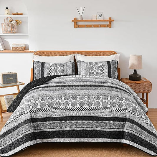WONGS BEDDING Boho Quilt Set Full Size, Grey Bohemian 3 Pieces Quilt Sets, Lightweight Microfiber Bedspread Coverlet Bedding Set for All Season (78"x90")