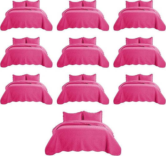 MOONLIGHT20015 Queen Quilt Bedding Set (90" x 96") - Bulk Pack of 10 Wholesale for Hotels, Guest Bedroom & Airbnbs - Lightweight Microfiber Reversible Embossed Quilts Bedspreads (Pink)
