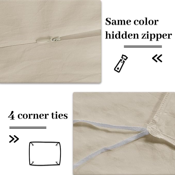 NEXHOME PRO Duvet Cover Set 100% Washed Cotton Full Size Linen Feel Textured Organic Natural 3 Pieces Bedding Set with Zipper Closure and Corner Ties, Breathable(Cream Grey, No Comforter)