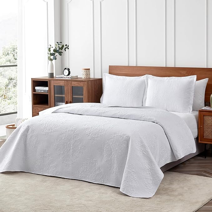 Hansleep White Quilt Queen Size - Textured Ultrasonic All Season Bedspread Queen, Soft Lightweight Coverlet Bedding Set, 3 Pieces (1 Quilt, 2 Pillow Shams)