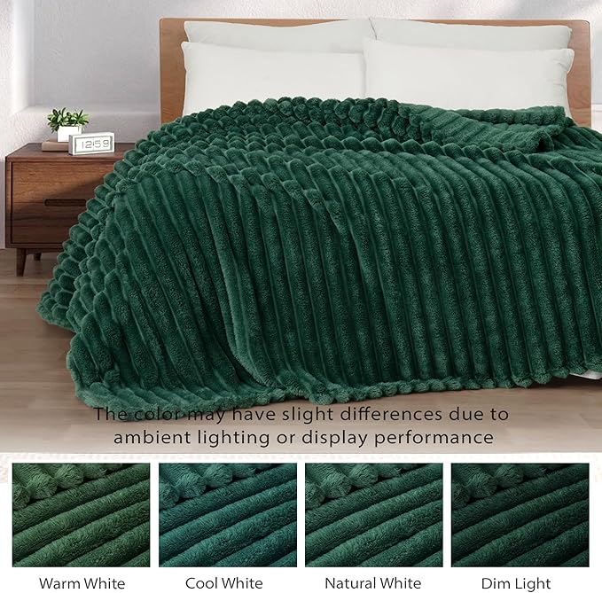 Exclusivo Mezcla Twin Size Flannel Fleece Blanket, Super Soft Striped Jacquard Bed Blanket, Lightweight Fuzzy Cozy for All Seasons, 60x80 Inches, Forest Green