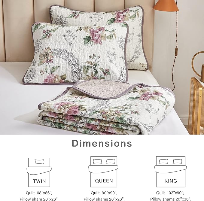 Flysheep 3 Pieces Quilt Set Full/Queen Size, Beige Floral Reversible Bedspread Coverlet Set, Soft Microfiber Lightweight Bed Cover for All Season (90" x 90", 1 Quilt+ 2 Pillow Shams)