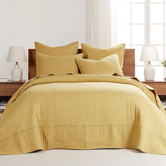 Levtex Home Cross Stitch Reversible Queen Bedspread Set (104x106in) with 2 Pillow Shams (26x20in) - Stitch Texture - Ochre - Cotton Queen Size Bedspread Set - Lightweight, Soft, Pre-Washed