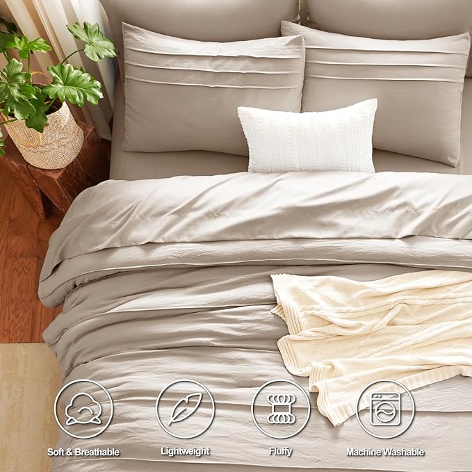 CozyLux Queen Comforter Set Wheat, 7 Pieces Soft Pinch Pleat Bed in a Bag Queen Comforter Set with Sheets, Boho Bed Set with Down Alternative Comforter, Sheets, Pillowcases & Shams
