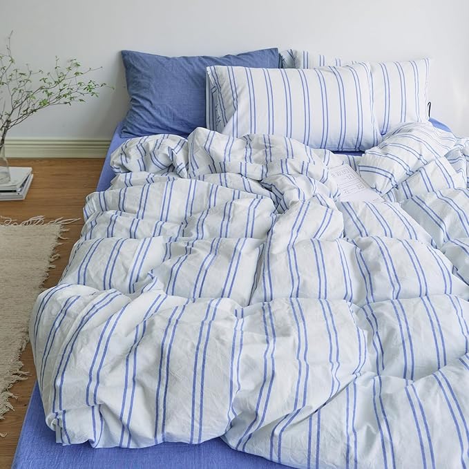 LifeTB Striped Duvet Cover Set Queen, 3 Pieces Blue Stripes Pattern Printed Comforter Cover, 100% Washed Cotton Retro Striped Bedding Set, Comfy Soft Cotton Breathable Duvet Cover Queen Size