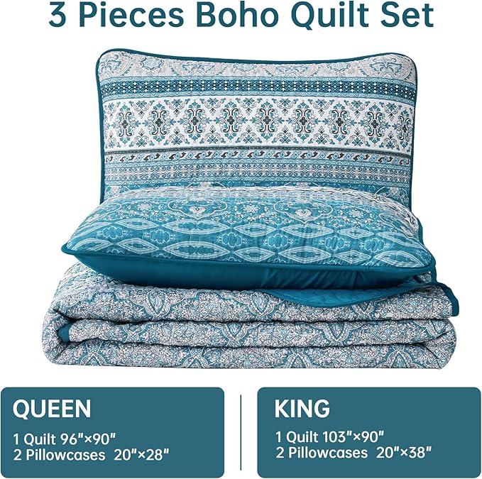 WONGS BEDDING Boho Quilt Set Full, Teal Blue Bohemian Quilt Bedding Set, Ultra Soft Lightweight Bedspread for All Season Reversible Microfiber Coverlet Bedding Set 90"x78"(3 Pieces)