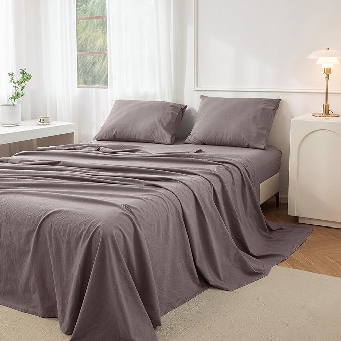 JIYUAN 100% Washed Cotton Sheet Set 3 Pieces Twin,1 Fitted Sheet,1 Flat Sheet and 1 Pillowcase, Comfy and Breathable Linen Like Bedding Set,Heathered Mauve Brown