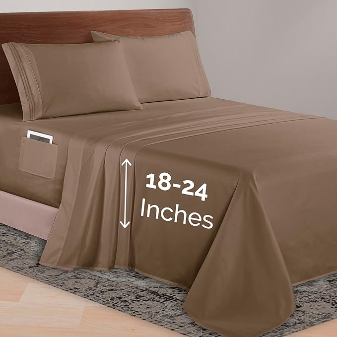 Elegant Comfort Luxurious 1500 Premium Hotel Quality Microfiber 4-Piece Sheet Set, 18-24 Inches Deep - Extra Deep Pocket Sheets - Ultra Soft 4PC Deep Pocket Sheets, Queen, Taupe