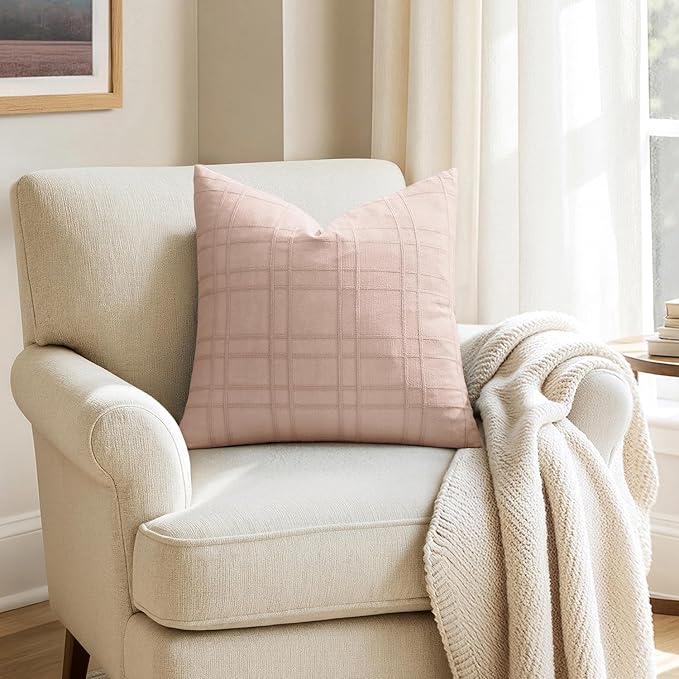 MIULEE Decorative Linen Check Euro Shams Throw Pillow Covers Neutral Farmhouse Vintage Spring Valentine Pillow Covers 22x22 Set of 2 Boho Modern Home Decor for Sofa Couch Bedroom Cushion Light Pink