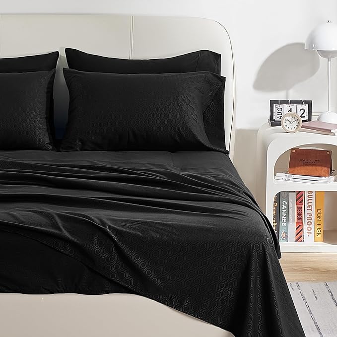 SLEEP ZONE Luxury Embossed Twin Bed Sheets Set for Kids, Black Honeycomb Pattern Sheet & Pillowcase Sets 3 Piece - Super Soft, Wrinkle Free, Fade Resistant, Deep Pocket 16" (Black, Twin)