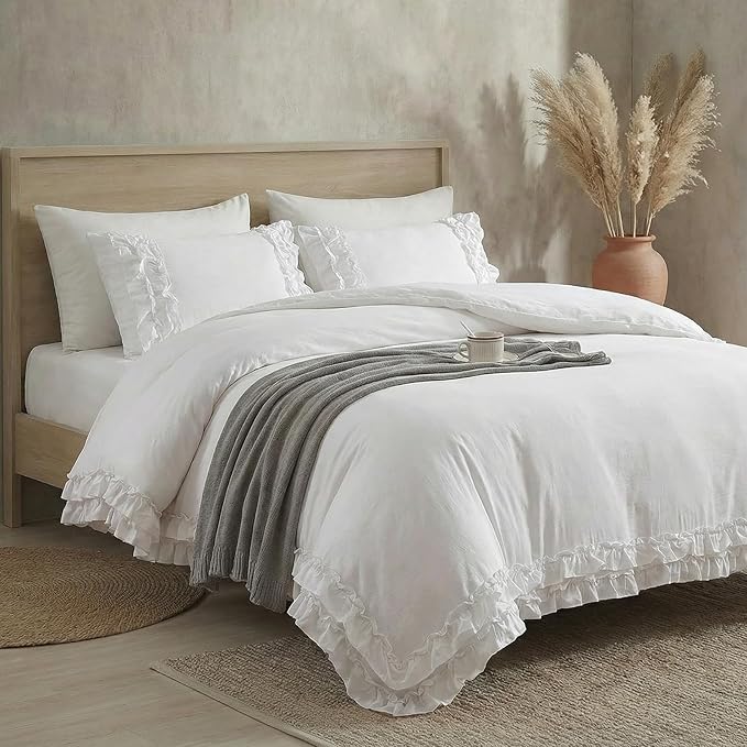 Bedorm White Ruffle Duvet Cover Twin Shabby Chic Bedding Set Pleat Ruffled Farmhouse Pure White Comforter Cover Extra Soft & Easy Care Boho Duvet Cover Set