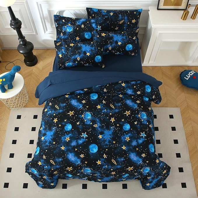 Glow in The Dark Kids Comforter Set, 7 Pieces Blue Space Bedding Set Full Size for Boys Girls Teen, 1 Comforter, 2 Pillowcases, 2 Pillow Shams, 1 Flat Sheet, 1 Fitted Sheet