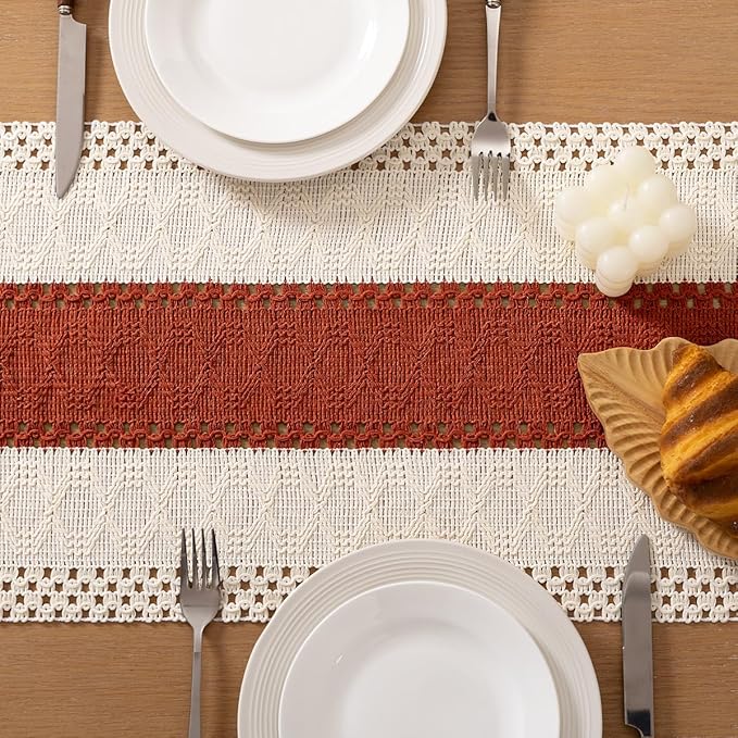 Socomi Boho Table Runner Macrame Long Easter Spring Farmhouse Woven Cotton Linen Rustic Coffee Table Runner with Tassels for Dresser Scarf Home Decor Dining Room 12x108 inch Terracotta Ivory