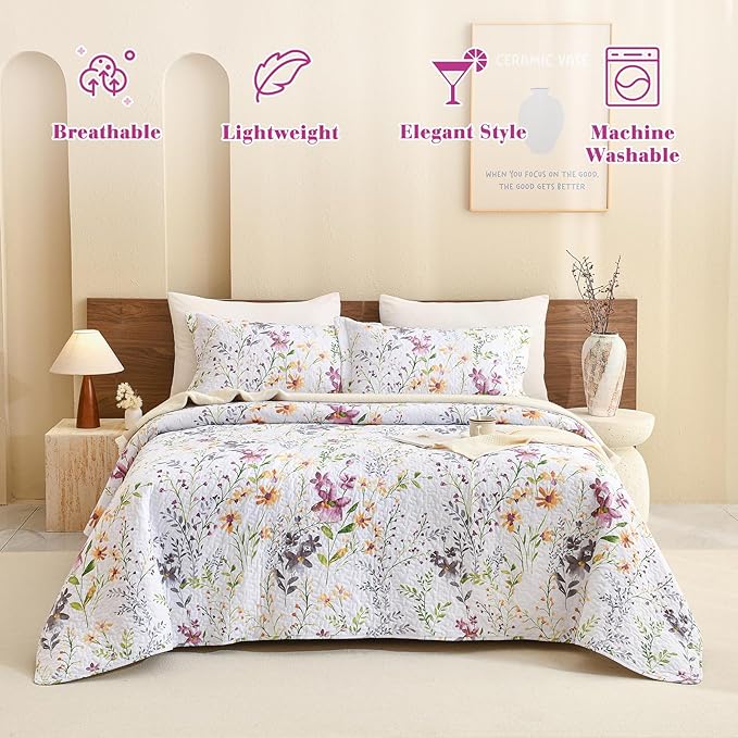 QSH 100% Cotton Quilt Oversized King Set (118"x106")-3Pcs Floral Bed Quilt California King Summer Spring Botanical Yellow Wild Flower Printed Bedspread Coverlet Soft Lightweight Bedding Quilt Set