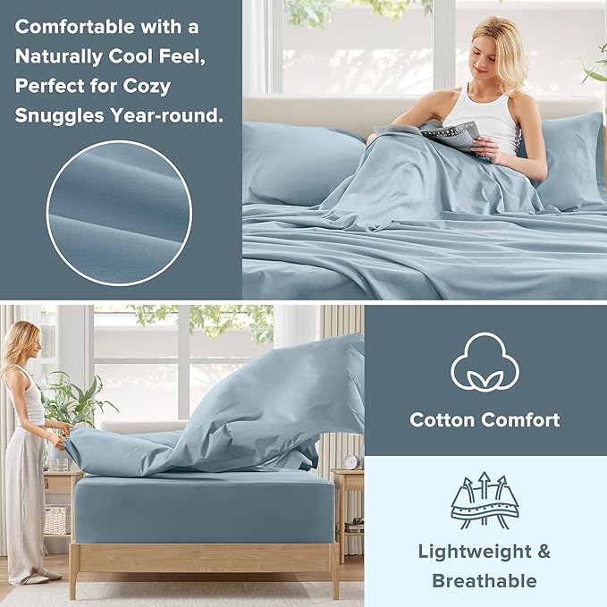 Comfort Spaces Extra Deep Pocket, 100% Cotton Sheets Queen Fits up to 24" Mattress, Breathable, Naturally Cool Cotton, Soft Cotton, All Seasons Sheet Set, Blue 4 Piece