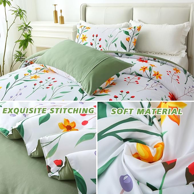 King Comforter Set Green 3 Pieces Bed in a Bag, Colorful Floral Bedding Sets Elegant Botanical Bed Set Lightweight Soft Comforter with 2 Pillowcases for All Season