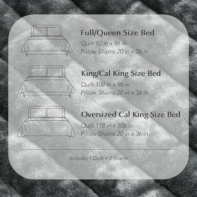 EVERGRACE Velvet Quilt Set King Size, Luxurious Soft Striped Channel Bedding Set, Lightweight Velvet Comforter for All Season, Oversized Bedspread Coverlet with 2 Matching Shams, Charcoal Gray