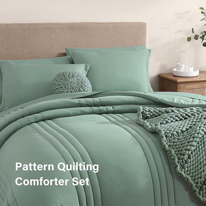 Monbix Queen Comforter Set - 7 Pieces Harbor Green Bed in a Bag Queen Bedding Sets with Comforters, All Seasons Comforter Bed Set with Sheets, Pillowcases & Shams